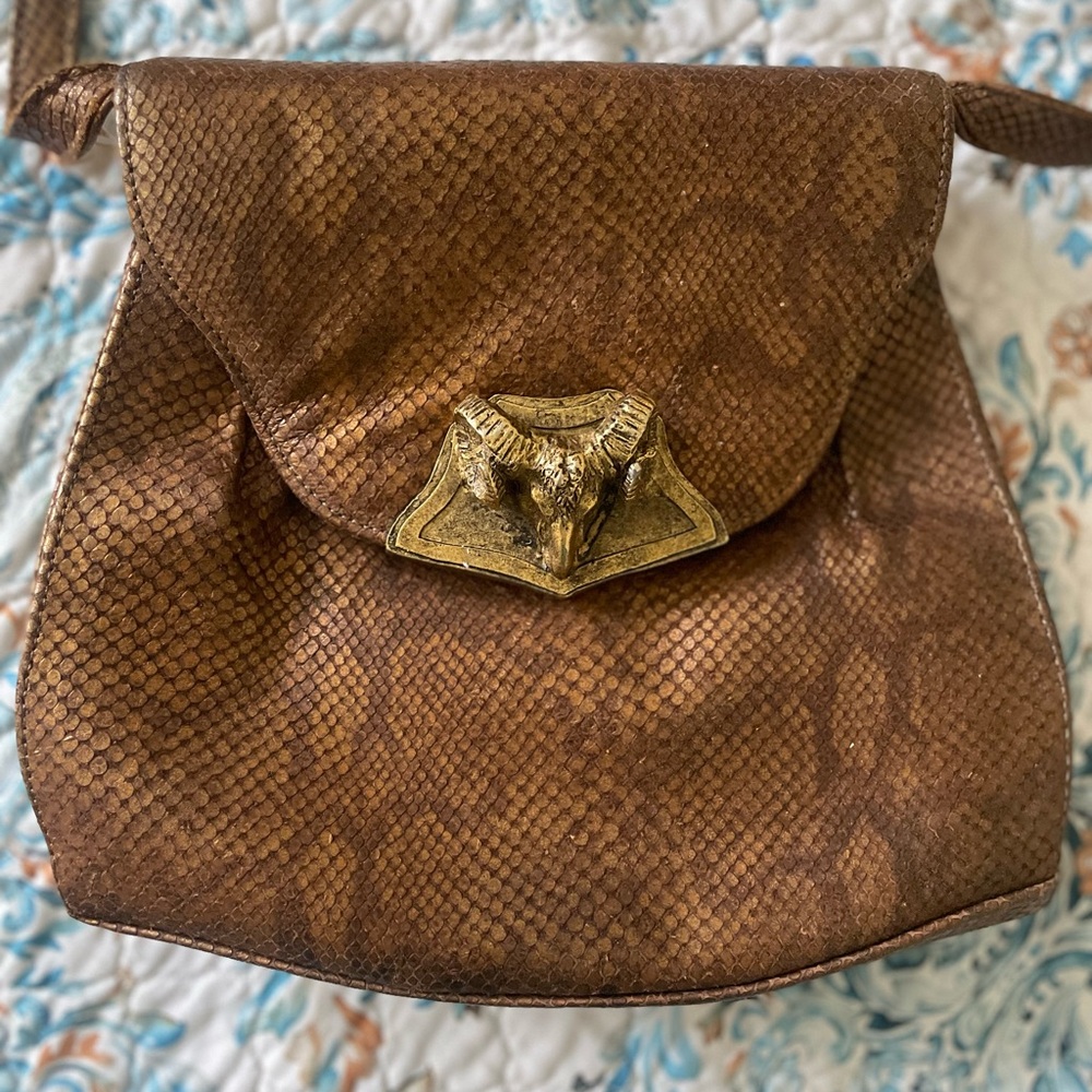 Vintage Valerie Ann Snakeskin Texture Leather Bag with Ram Hardware Detail